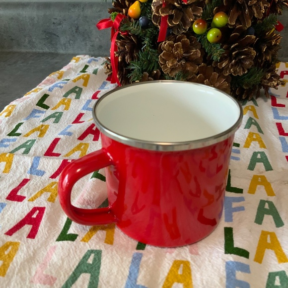 Red Enamel Holiday Mug, White Enamel Interior, White Lettering Believe New - Picture 4 of 5